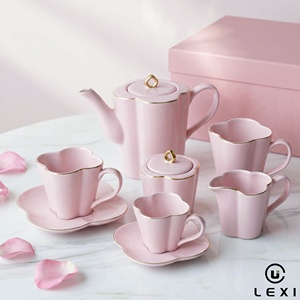 Juego de Té de Porcelana Rosa LEXI con Borde Dorado, Taza, Platillo, Azucarera y Cremera, Duradero, de Lujo Europeo, Personalizado - Product Image 1