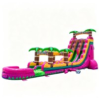 Toboggan aquatique gonflable commercial à double piste avec piscine, motif palmier tropical, pour location événementielle