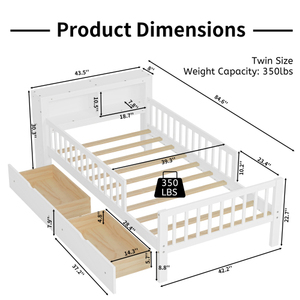 Twin <b>Size</b> Solid Wood <b>Bed</b> with Headboard Storage Rack Two Under-<b>Bed</b> Drawers Three-Side Guardrails for Safety and Security - Product Image 6