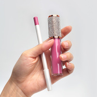 Kit de Labios 2 en 1 de Doble Punta con Etiqueta Privada al por Mayor, Tubo con Diamantes de Imitación, Delineador de Labios Mineral Mate, Lápiz Labial Líquido Impermeable y Antiadherente