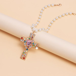 สร้อยคอจี้รูปกากบาทประดับมุก สร้อยคอประดับเพทายหลากสี สำหรับทุกเพศ ใส่ได้ทุกวัน - Product Image 3