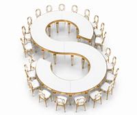 Table de banquet pour événements, mariages et locations hôtelières, nouveau design, en acier inoxydable doré en forme de S avec plateau en verre blanc