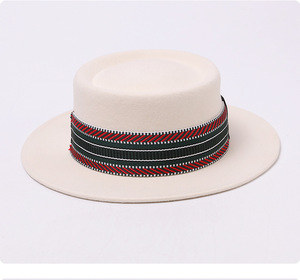 Premium Pure Wool Felt <strong>Hat</strong> Women British Retro Jacquard Band Flat Top Soft Tweed Autumn <strong>Winter</strong> European Fashion - Product Image 6