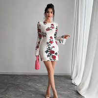 Robe mini vintage sexy pour femme européenne et américaine, à manches évasées, dos nu, motif floral, en maille, taille haute, style jupe crayon