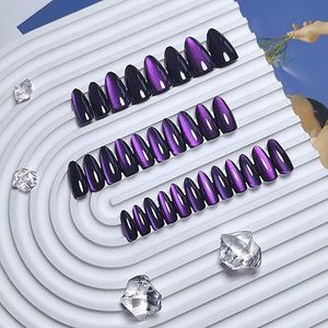 24 Uñas Postizas con Efecto Ojo de Gato, Forma Almendrada, Cobertura Total, Color Morado Brillante y Negro para Mujer - Product Image 3
