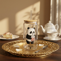 Gobelet en verre borosilicate avec couvercle en bambou et paille en verre, motif panda mignon, réutilisable pour bubble tea et café glacé