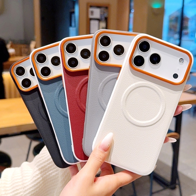 Orange lens PU leather magnetic silicone soft edge phone case suitable for iPhone 17promax 18 16 plus 15promax 17 16 15