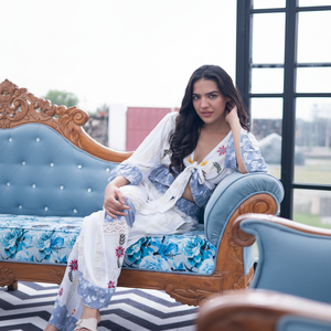 Boho <b>White</b> and Blue Embroidered Two Piece Set <b>Tie</b> Front Crop Top and Wide Leg Pants Elegant Lace Trimmed Resort Wear - Product Image 1