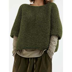 Suéter de Punto Grueso para Mujer, Color Borgoña, Cuello Redondo, Manga Media, Estilo Relajado, para Invierno - Product Image 5