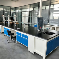 Banc de laboratoire en acier pour l'industrie de l'IA, table de travail résistante aux acides et aux alcalis avec étagères à réactifs et armoire de rangement sous le plan.