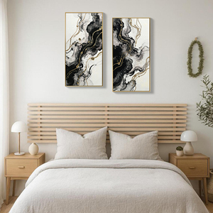 Grandes œuvres d'art murales abstraites encadrées en noir et blanc, lot de 2 impressions sur toile, tableaux pour murs, image moderne noir et or - Product Image 3