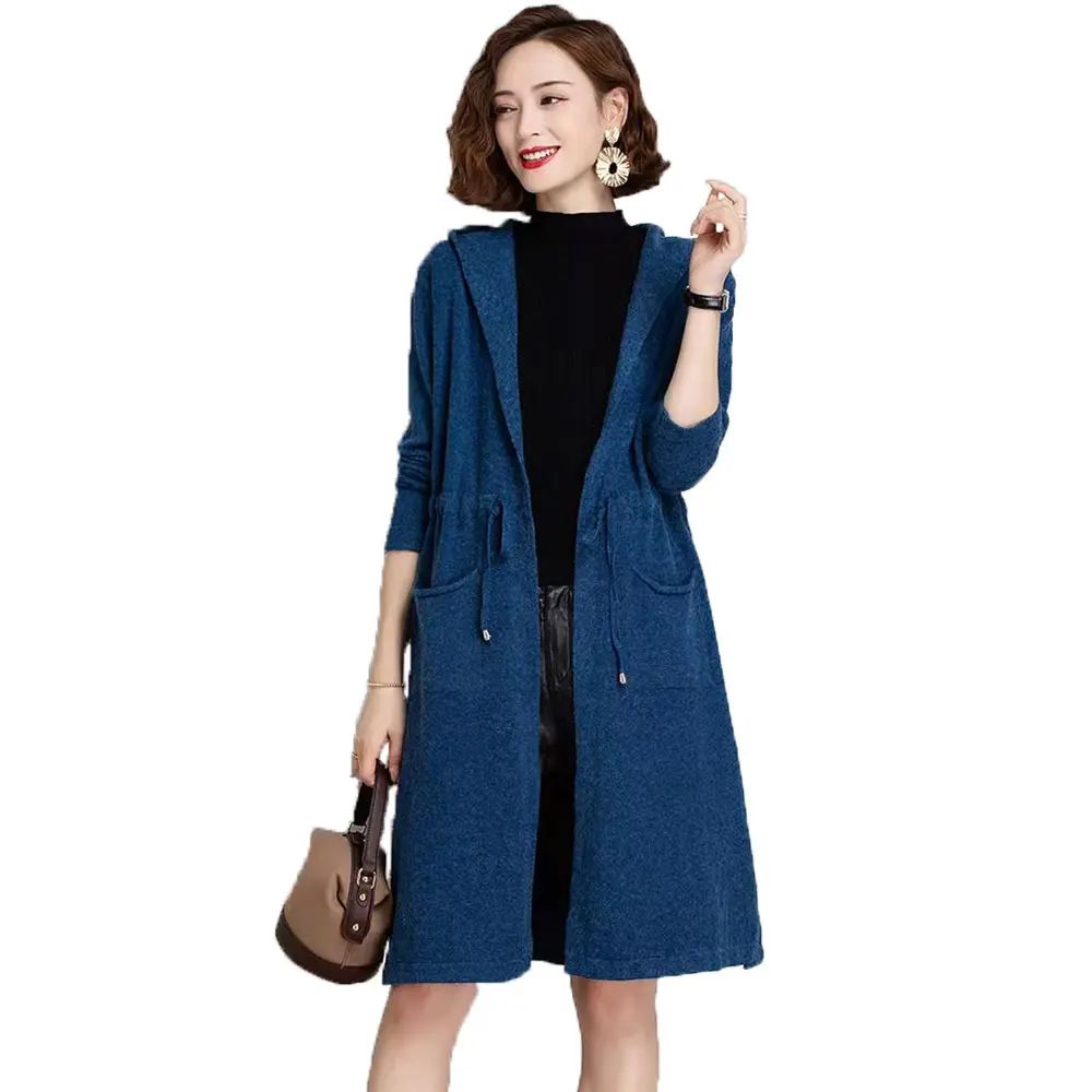 Plus Size Knitwear Coat Fashion Pockets Hooded Solid Long Sweater Winter Cardigan Women