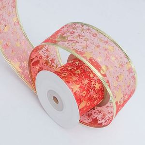 Ruban en organza brillant de haute qualité avec étoiles dorées de 6 cm et bordure filée pour emballage cadeau et décoration de Noël, 10 yards/rouleau - Product Image 2