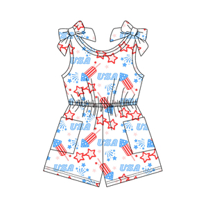 Combinaison sans manches pour bébé fille, motif à carreaux bleus et nœuds fraises, collection SR4133 CUSTOM, vente en gros pour enfants. - Product Image 4