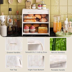 Bamboo Roll Top Bread Box Large Capacity Double Layer Wooden Storage Organizer For <b>Kitchen</b> Countertops - Product Image 4