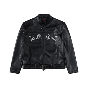 Blouson Biker Court en PU pour Homme, Col Montant Brodé, Motif Vache et Patchwork en Crins <span class=keywords><strong>de</strong></span> Cheval, Vêtement d'Équitation Décontracté, Hiver - Product Image 2