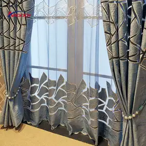 ヨーロピアンスタイルのリドーコルティナスパラサララグジュアリーブルーゴールデンホローアウト刺Embroideryシェーディングウィンドウカーテン