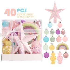 Lot de 40 boules de Noël populaires en forme de macarons, étoile de sommet rose, couleur bonbon, pour la décoration de l'arbre de Noël des enfants - Product Image 1