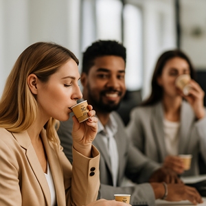 Set da 50 Bicchieri Monouso in Carta Kraft Biodegradabile da 90ml con Manico Dorato e Logo Personalizzato per Caffè Caldo, Yogurt, Biscotti Zuccherati - Product Image 4