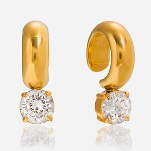 Pendientes de Clip de Acero Inoxidable con Oro de 18K y Circonita Blanca Redonda con Engaste de Garra para Uso Diario - Product Image 1
