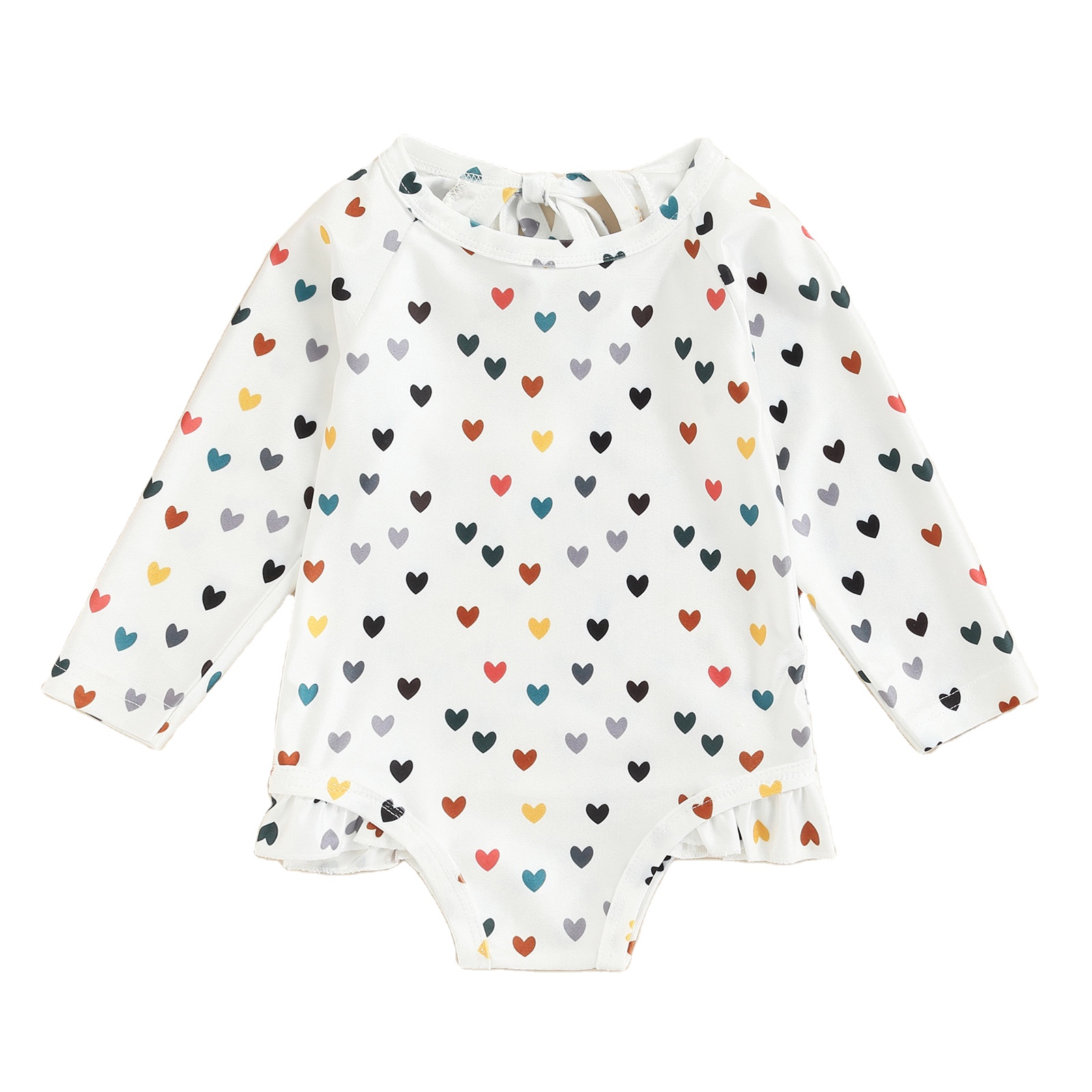 В наличии, товары, детские модные купальники, детский купальник с принтом черных сердец, Цельный купальник с вырезом, детский купальник с длинным рукавом