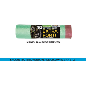 Sacchi per la Spazzatura Domestica Verdi 70x110cm con Manico Scorrevole Capacità 90 Lt Confezione da 10 Pezzi - Product Image 1