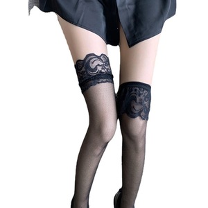 Black Lace Trimmed <b>Fishnet</b> Stockings Women's Transparent High Socks Breathable Shaping Regular Casual Socks Youth 18-40 Years - Product Image 5