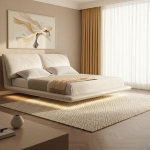 <span class=keywords><strong>Cama</strong></span> <span class=keywords><strong>Suspendida</strong></span> de Cuero de Lujo Minimalista Italiana, <span class=keywords><strong>Cama</strong></span> Doble Acolchada con Almacenamiento para Dormitorio Principal Moderno - Product Image 5