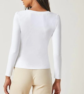 Hauts à manches longues pour femmes 95% coton 5% élasthanne T-shirts à col en V pour femmes Hauts féminins T-shirt à manches longues slim Automne - Product Image 6