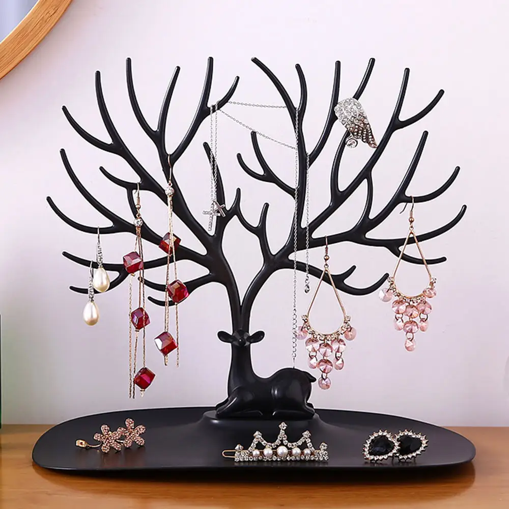 Black Deer Tree Design Plastic Earring Jewelry Display Bracelet Organizer Necklace Stand Drop Earring Holder With Oval Tray