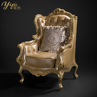 Canapé en cuir de style européen Yips LD-1503-1276, fauteuil à ailes traditionnel peint à la main avec feuilles d'argent antique, fabriqué en bois