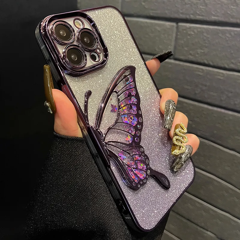 Luxe Dames Drijfzand Vlinder Achterkant Mobiele Hoes Voor Iphone 15 14 13 12 11 Pro Max Glitter Bling Telefoonhoesjes Met Glazen Lens