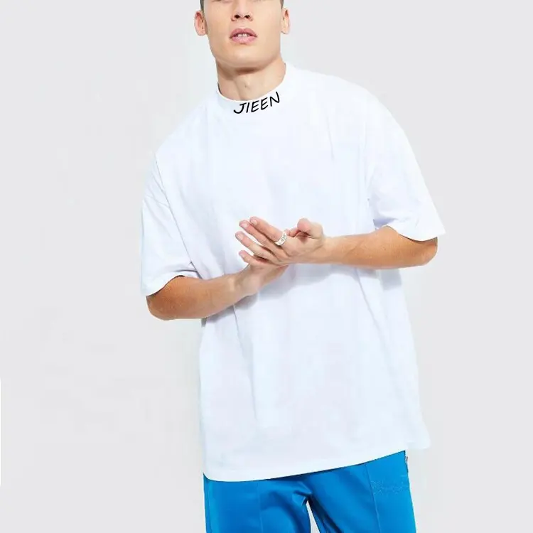Oem Fashion Men's Mock Neck Collar T Shirt Custom Logo 100% Cotton Tee Blank Loose Oversize T-shirts