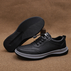 Chaussures bateau pour hommes en cuir respirant à lacets, bout rond, couleur unie, semelle intermédiaire en EVA, semelle extérieure en caoutchouc, style décontracté - Product Image 2