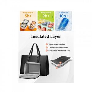 Sac isotherme pour déjeuner en cuir PU imperméable pour femmes, sac pour ordinateur portable 2 en 1 avec compartiment isotherme - Product Image 3