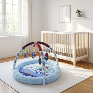 Alfombra de Juego para Bebés Blue Adventure con Borde Acolchado de Felpa, Centro de Actividades 5 en 1, Alfombra de Juego para Estimulación Temprana con Diseño de Ballena y Coche - Product Image 1