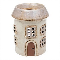Brûleur chauffe-huile ou cire électrique en céramique crème, forme maison ronde, pour bougies chauffe-plat, style poterie de village