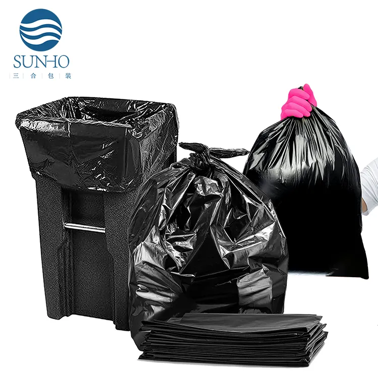 Sacs à ordures en plastique personnalisés PE 55-60 gallons pour entrepreneurs Sacs à ordures croisés 3.0 mil, grands sacs à ordures robustes à cravate croisée noire