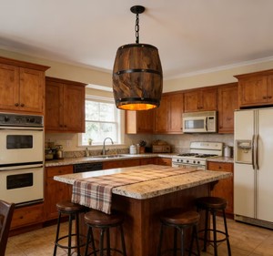 Lustre <span class=keywords><strong>en</strong></span> <span class=keywords><strong>bois</strong></span> de baril de vin suspendu, style industriel rustique vintage, LED, lumière blanc chaud, pour la maison, la cuisine, le restaurant, le bar - Product Image 1