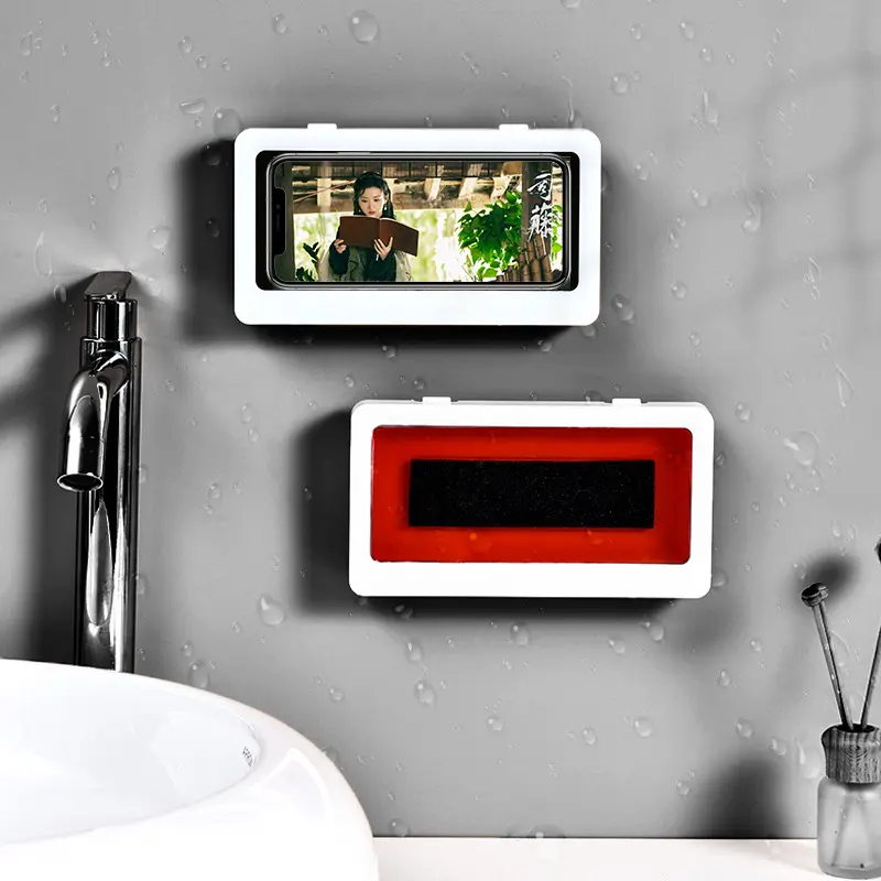 Montado en la pared, Sostenedor del teléfono móvil de cocina de plástico sellado de baño de ducha impermeable de la caja del teléfono