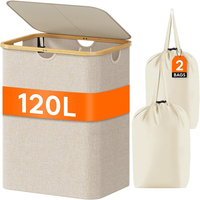 Panier à linge grand format 120L avec couvercle, 2 sacs amovibles, pliable, pour vêtements sales, bac à linge haut pour chambre, salle de bain, dortoir