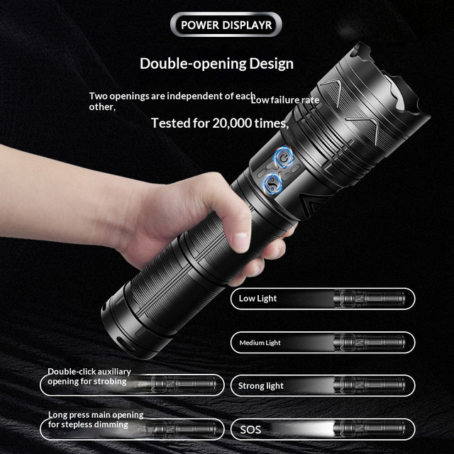 Super Bright Powerful Tactical Flashlight 2000 Lumens 6 Modes IP54 Waterproof Long Battery Life USB Rechargeable LED Flashlight