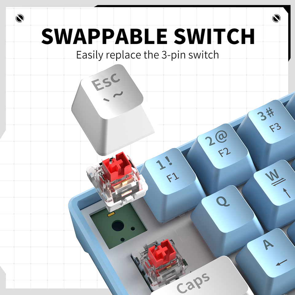 For Mechanical Wired Hotswappable 60% Keyboard Blue Switch 62 Keys ...