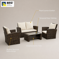 Ensemble de meubles de patio extérieur 4 pièces en rotin PE, canapé deux places, 2 fauteuils, table basse en verre, canapé de jardin, coussin crème