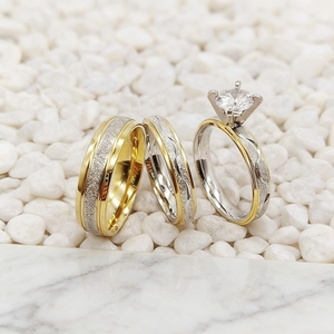Ensemble de bagues de mariage assorties pour lui et pour elle, 3 pièces, bagues de couple bicolores, finition givrée, bague de promesse <span class=keywords><strong>solitaire</strong></span> pour femme - Product Image 3