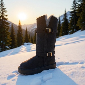 Bottes d'hiver hautes pour femmes, en cuir véritable noir, avec boucles dorées, doublure en laine confortable, douces et chaudes, pour la neige - Product Image 1