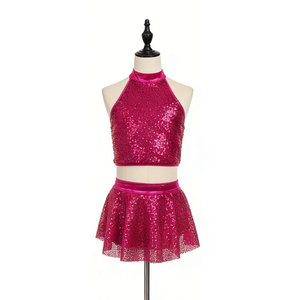 ชุดเต้นแจ๊สสำหรับเด็ก ชุดเต้นบนเวทีเด็ก เสื้อครอปสีชมพูสดแบบผูกคอ พร้อมกระโปรงสเก็ตเตอร์ สำหรับฮิปฮอปและเชียร์ลีดเดอร์ - Product Image 5