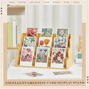 Tiered Wooden Greeting Card Display <b>Stand</b> For Desk Photo Storage Organizer With Floral Cards Shown - Product Image 1