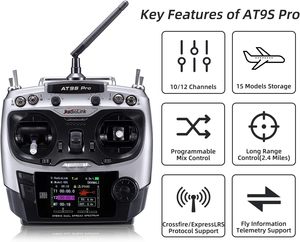RadioLink AT9S Pro <span class=keywords><strong>10C</strong></span>/12 Canales, Radio de Plástico con Acelerador Izquierdo, Transmisor y Receptor R9DS <span class=keywords><strong>Gris</strong></span>, Controlador de 2.4GHz, Ardupilot - Product Image 1