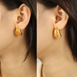 <b>Huggie</b> Earrings 18K Gold Plated Irregular Spiral Pleated Geometric Design For Women Everyday Wear - Product Image 4